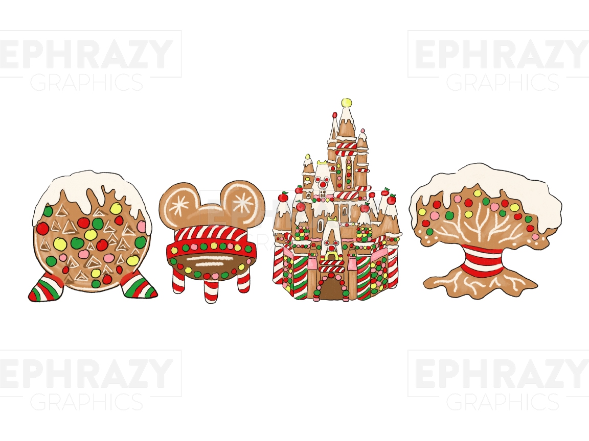 Four festive gingerbread-themed Disney icons: globe, Mickey head, castle, and tree, decorated with candy and icing.