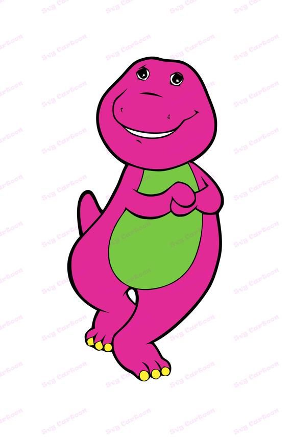 Pink cartoon dinosaur Barney with green belly, smiling and standing upright.