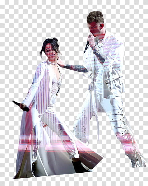 Two performers in futuristic white outfits singing and dancing on stage with dynamic lighting effects.
