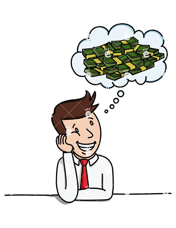 Businessman smiling with thought bubble full of stacks of cash, symbolizing financial dreams or wealth aspirations.