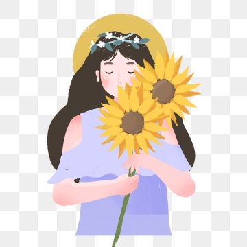 A serene woman with a floral crown holds sunflowers close to her face, eyes closed in peaceful joy.