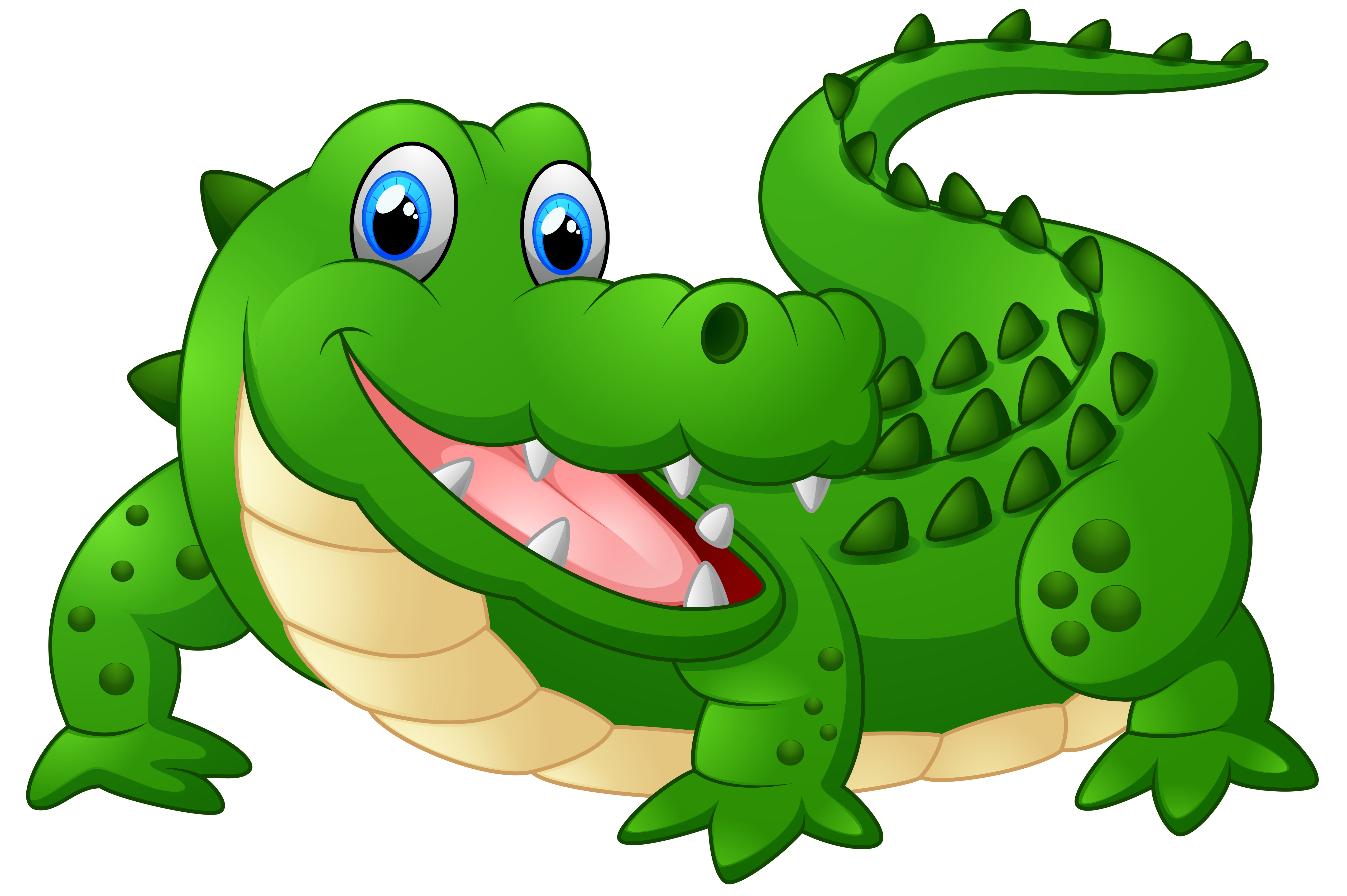 Friendly green cartoon crocodile with big blue eyes and a smiling open mouth showing sharp teeth.