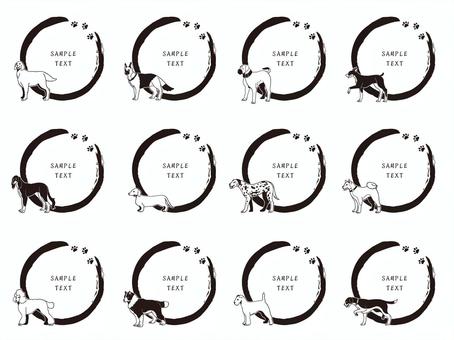 Twelve circular frames with hand-drawn dog breeds, paw prints, and placeholder text for pet-themed designs.