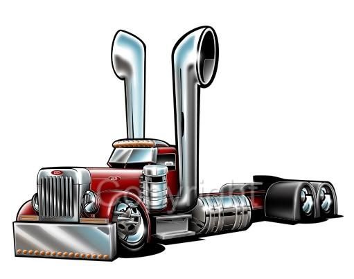 Red custom semi-truck with towering chrome exhaust stacks, classic grille, and polished chrome details on white background.