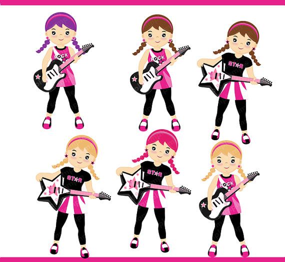Six cartoon girls in pink and black rock outfits playing electric guitars with star-shaped bodies.