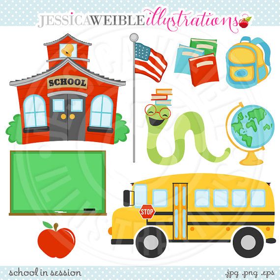 Colorful school-themed clipart set including a red schoolhouse, yellow bus, apple, globe, books, backpack, chalkboard, and flag.