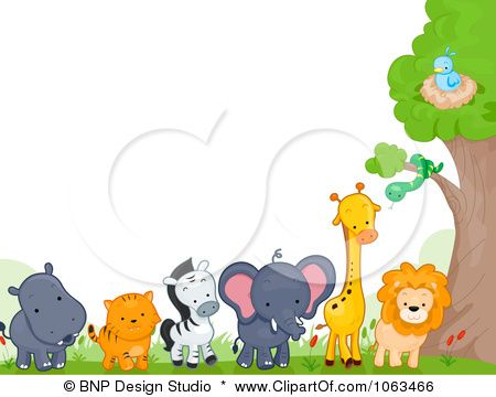 Cute cartoon animals-hippo, tiger, zebra, elephant, giraffe, lion-and a bird in a tree nest on grassy field.