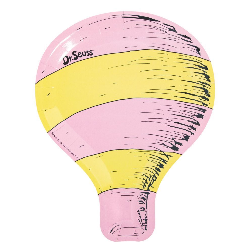 Dr. Seuss-style pink and yellow striped hot air balloon paper plate with bold black line art and logo.
