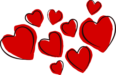 Hand-drawn red hearts of varying sizes scattered on a white background, outlined in black for contrast.