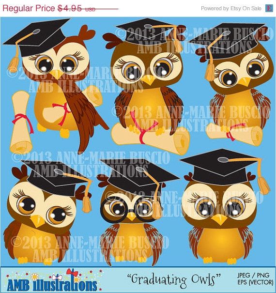 Six cartoon graduation owls wearing caps, holding diplomas or glasses, in warm brown and gold tones on blue background.