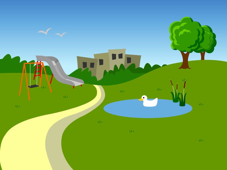 A sunny park scene with a playground slide and swing, a pond with a duck, green hills, trees, and a building in the background.
