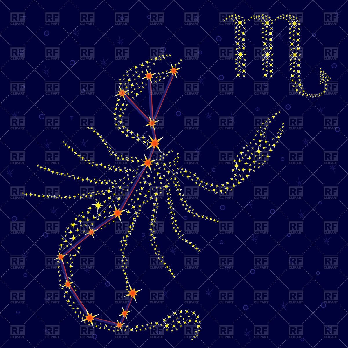 Illustration of the Scorpio zodiac constellation formed by golden stars and connecting lines on a deep blue starry background.