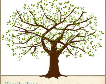 Stylized green-leafed family tree illustration with brown trunk and branches on white background.