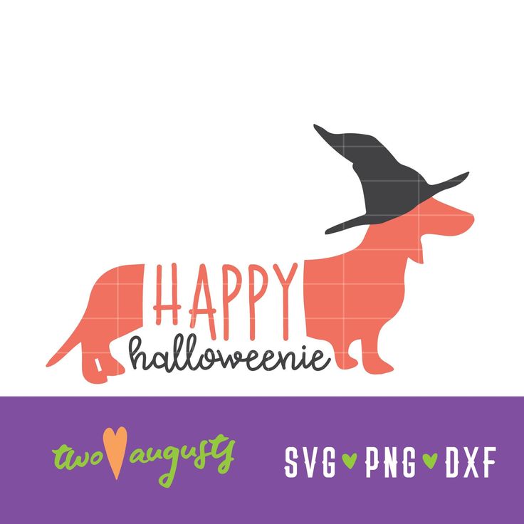 Orange dachshund wearing a black witch hat with "Happy Halloweennie" text; SVG/PNG/DXF file by Two August.