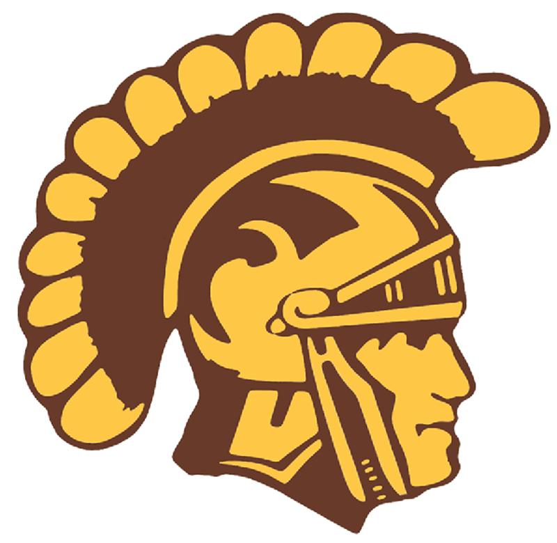 Golden and brown Spartan-style helmet logo with feathered crest, side profile view.