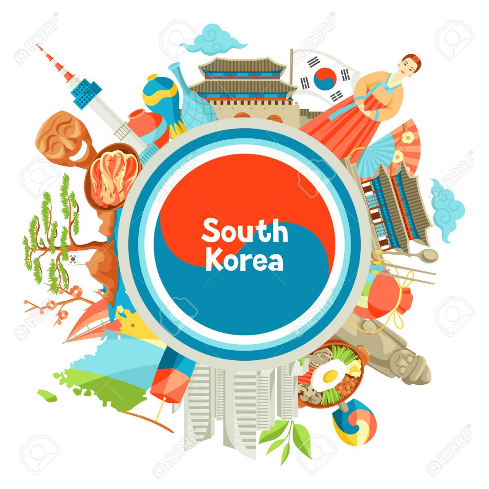 Colorful collage of South Korean culture, landmarks, food, and traditions surrounding the national flag emblem.