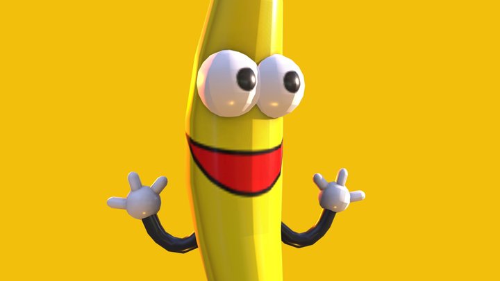Cheerful animated banana character with big eyes, red smile, and waving hands against yellow background.