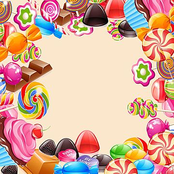 Colorful candy border frame with lollipops, chocolates, and swirl sweets surrounding a blank center.