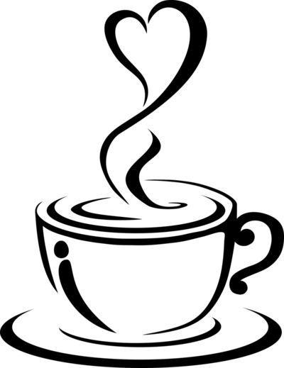 Black-and-white stylized coffee cup with steam forming a heart shape above it, on a saucer.
