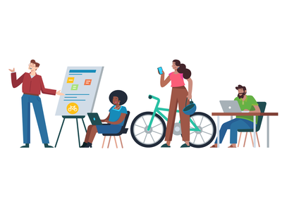 Diverse team collaborating in a modern workspace with whiteboard, laptop, bicycle, and mobile device.
