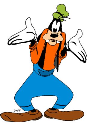 Goofy cartoon character in orange shirt, blue pants, green hat, shrugging with open hands and cheerful expression.