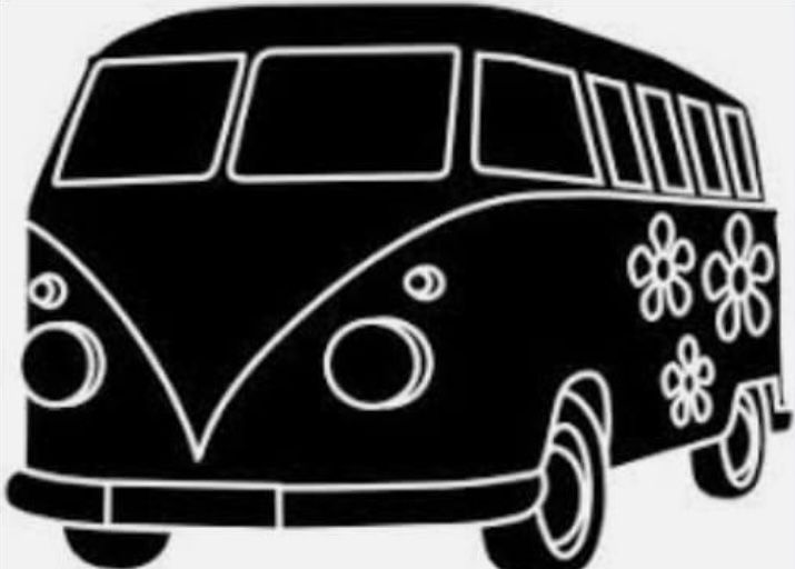Black-and-white line art of a classic VW Type 2 bus with psychedelic flower decals on the side.