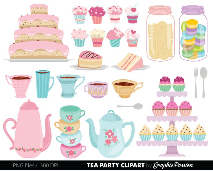 Pastel-colored tea party clipart featuring cakes, cupcakes, teapots, cups, macarons, and jars of treats.