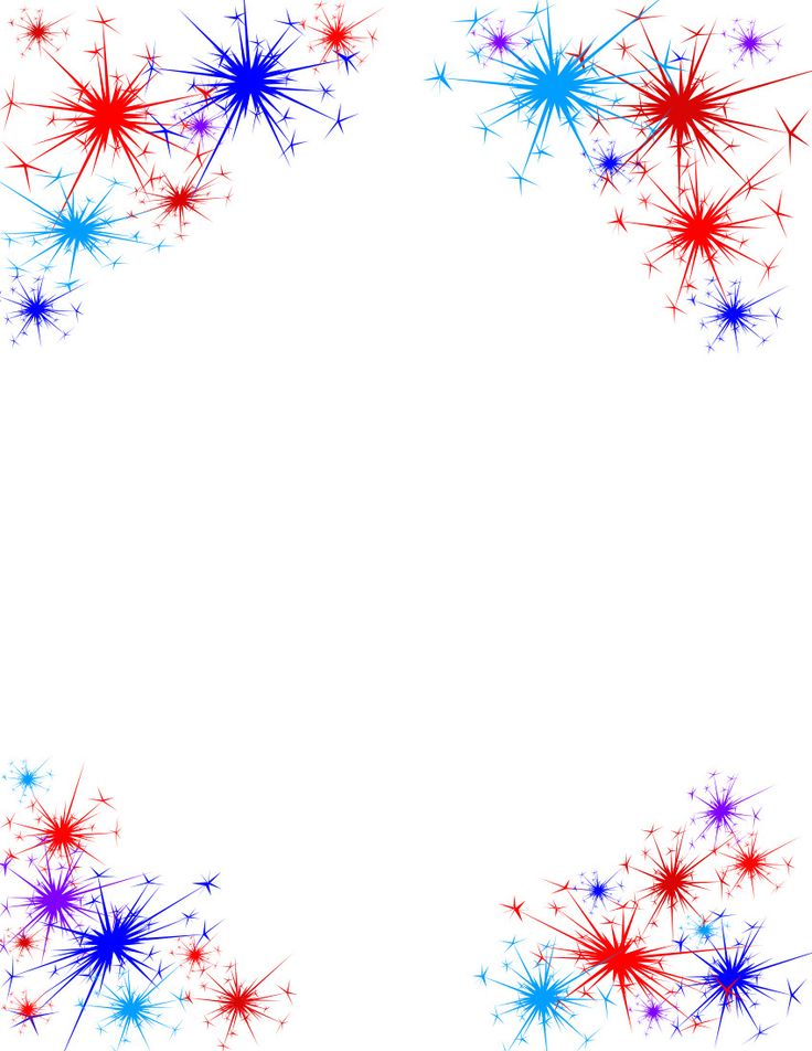 Red, blue, and purple starburst fireworks in four corners on white background.