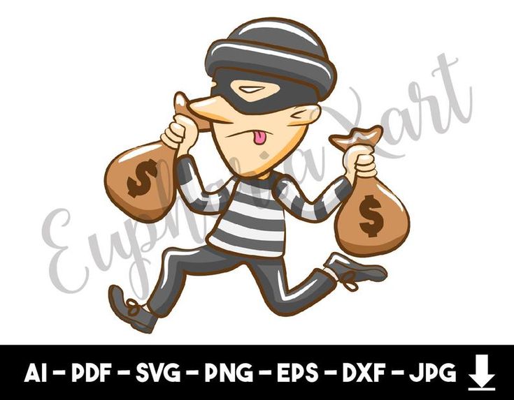 Cartoon thief in striped outfit and mask running with two money bags.