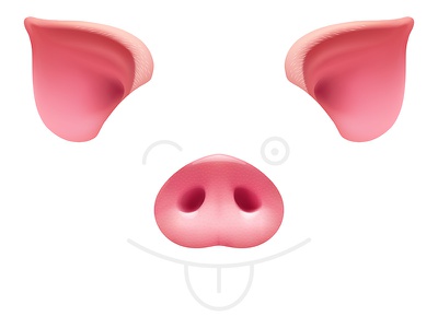 Pink cartoon pig face with large ears, snout, and tongue sticking out on white background.