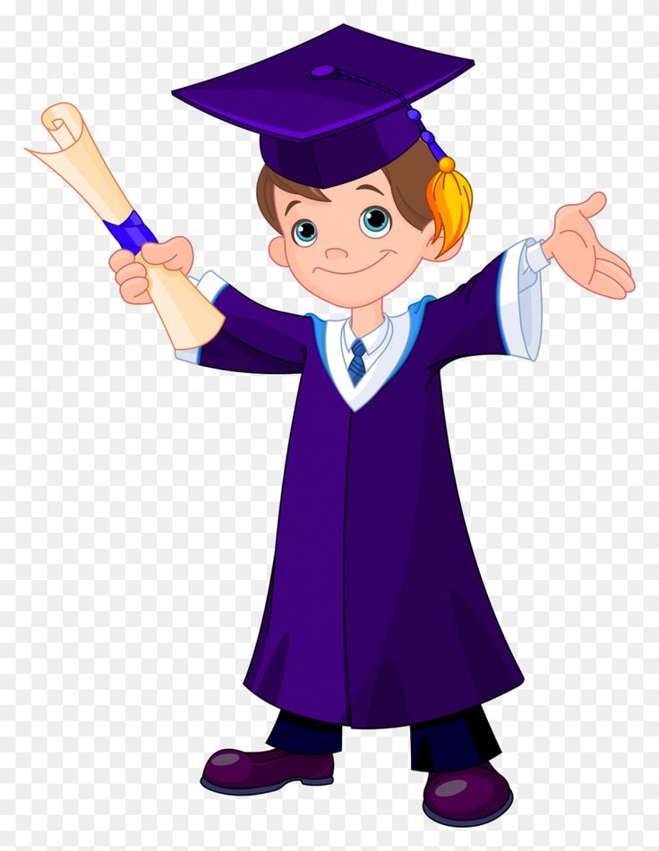Happy cartoon boy in purple graduation gown and cap, holding diploma with open arms.