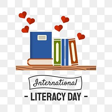 International Literacy Day illustration with colorful books on a wooden shelf, hearts floating above, and text banner below.