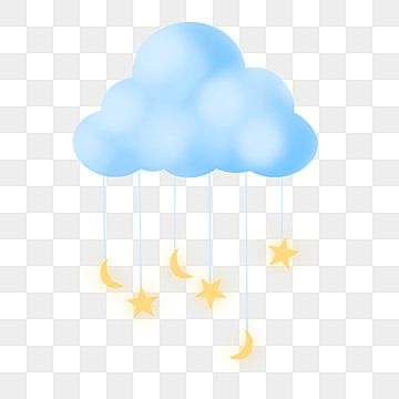 A soft blue cloud with dangling yellow stars and crescent moons on strings against a transparent background.