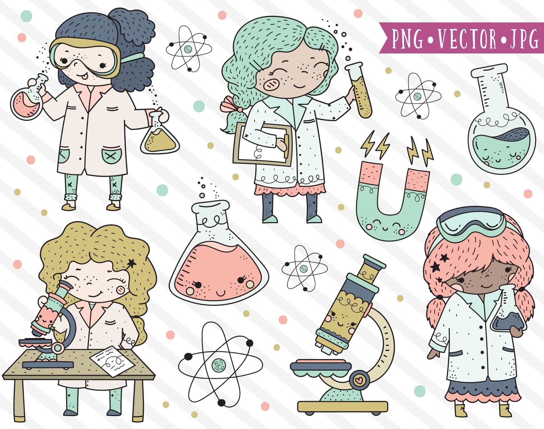 Cute Scientist Girls Clipart - STEM Education Illustrations