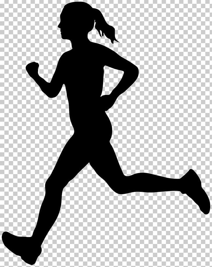 Silhouette of a woman running in profile, ponytail flowing, mid-stride with arms bent and legs extended.