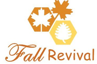 Fall Revival logo featuring orange and yellow hexagons with maple and pine leaf silhouettes.