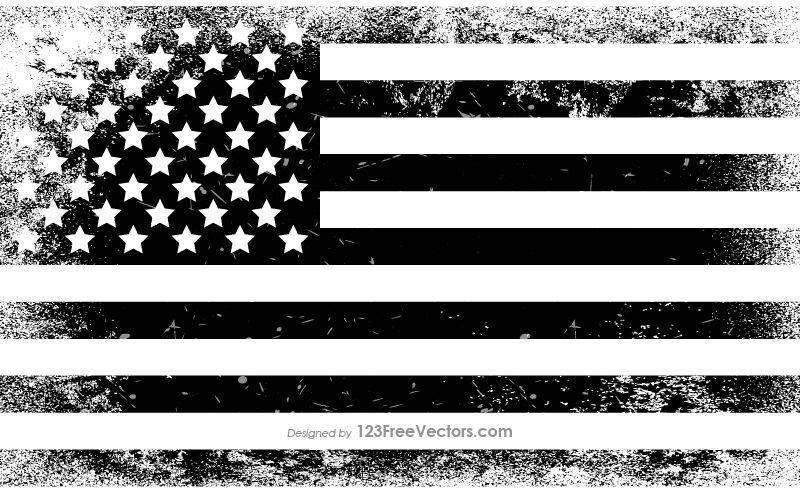 Grunge-style black and white American flag with distressed texture and star field.