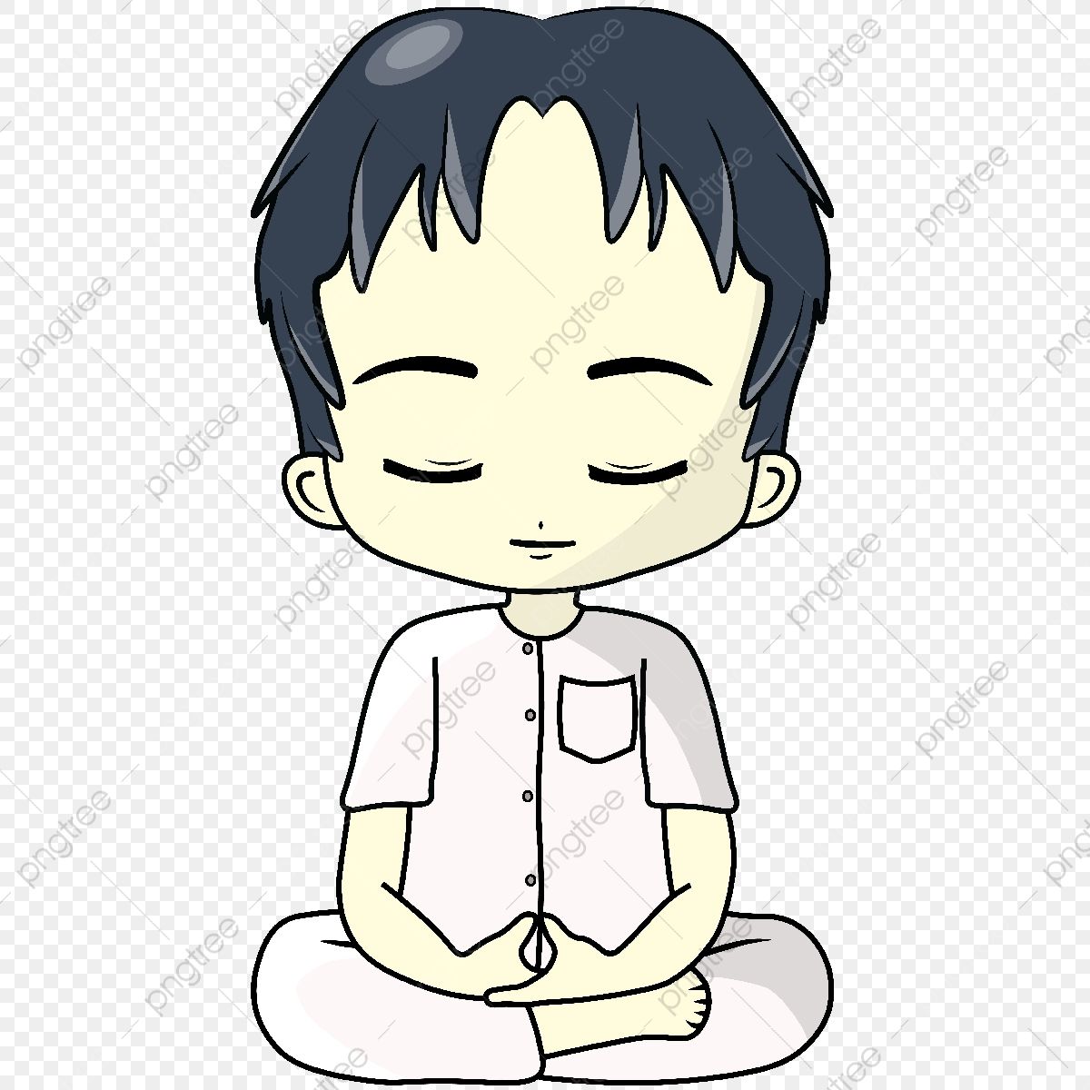 Chibi-style cartoon boy meditating in lotus position with eyes closed and hands in prayer pose.