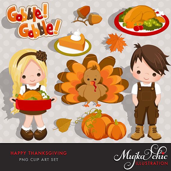 Cute Thanksgiving clip art set with children, turkey, pie, pumpkins, and autumn leaves by Mujka Chic Illustration.
