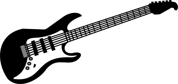 Black and white silhouette of a solid-body electric guitar with pickups and control knobs.