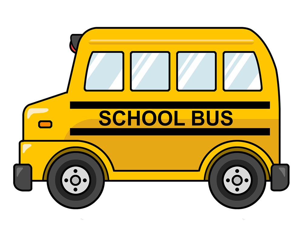 Yellow cartoon school bus with "SCHOOL BUS" text, four windows, and black stripes on side.