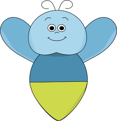 Friendly cartoon bee with blue body, yellow abdomen, smiling face, and outstretched wings.