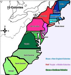 Color-coded map of the Thirteen American Colonies grouped by region: New England (blue), Middle (red/purple), and Southern (green).