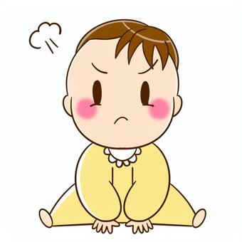 Angry cartoon baby with puffed cheeks, furrowed brows, and a cloud of steam above head, wearing yellow outfit.