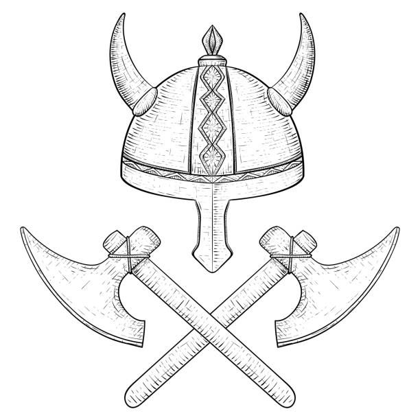 Viking helmet with horns and two crossed battle axes, line-drawn illustration.