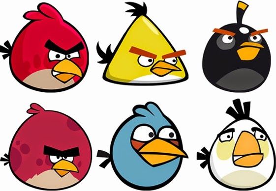 Six Angry Birds characters: red, yellow, black, pink, blue, and white birds with expressive angry or surprised faces.