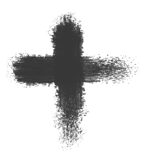 A glitch-art style black cross with pixelated edges on a white background, evoking digital decay and spiritual symbolism.