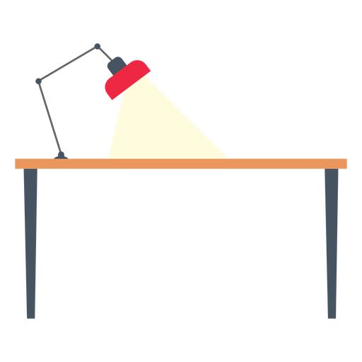A red desk lamp with an adjustable arm illuminates a wooden table, casting a warm yellow light cone.