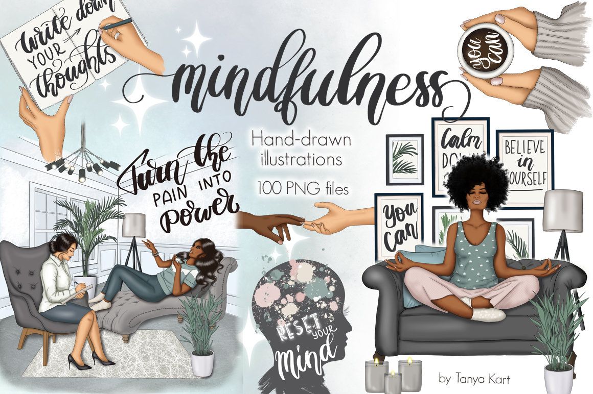 Hand-drawn mindfulness illustrations featuring meditation, journaling, affirmations, and self-care scenes by Tanya Kart.