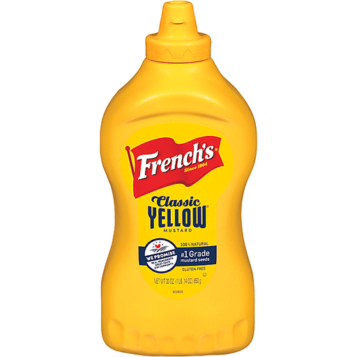 French's Classic Yellow Mustard squeeze bottle with red logo and yellow label, 14 oz size.